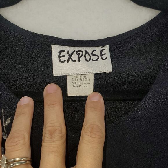 Expose Vintage Blouse With Metallic Floral Print Size 22 Navy Blue/Black - Picture 16 of 17